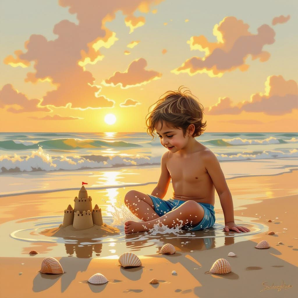 Boy Splashing at Sunset: Dreamy Oil Painting Style