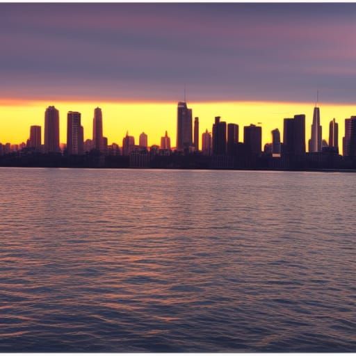 City skyline across the water at sunset