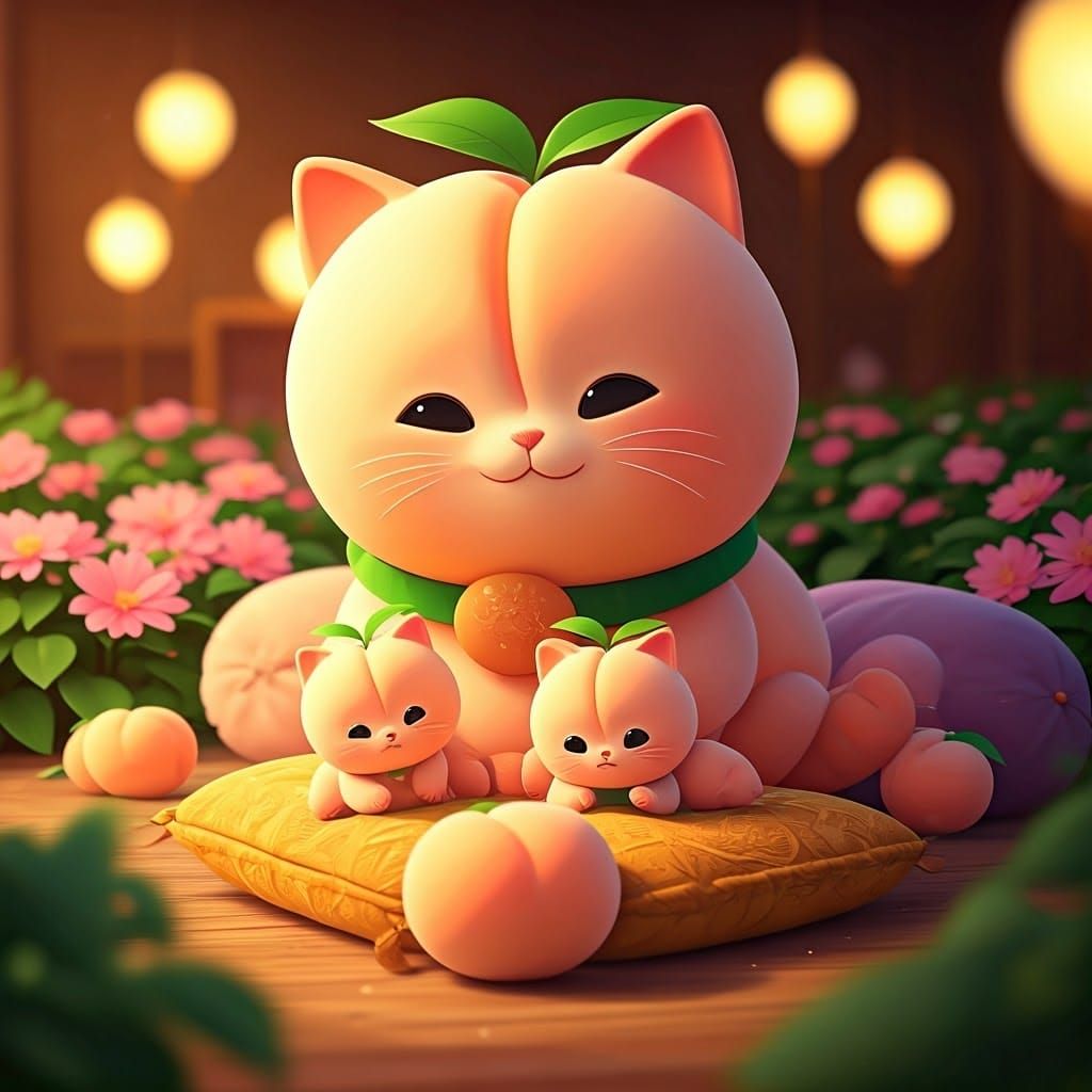 In a cozy home lives a peach fruit shape cat and her playful peaches fruits shapes kittens. 3d realistic ...  by @Omarito 
