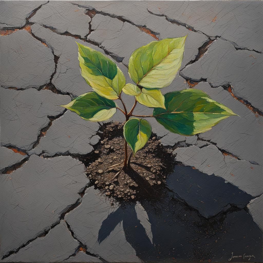 Sapling breaks through the asphalt close-up