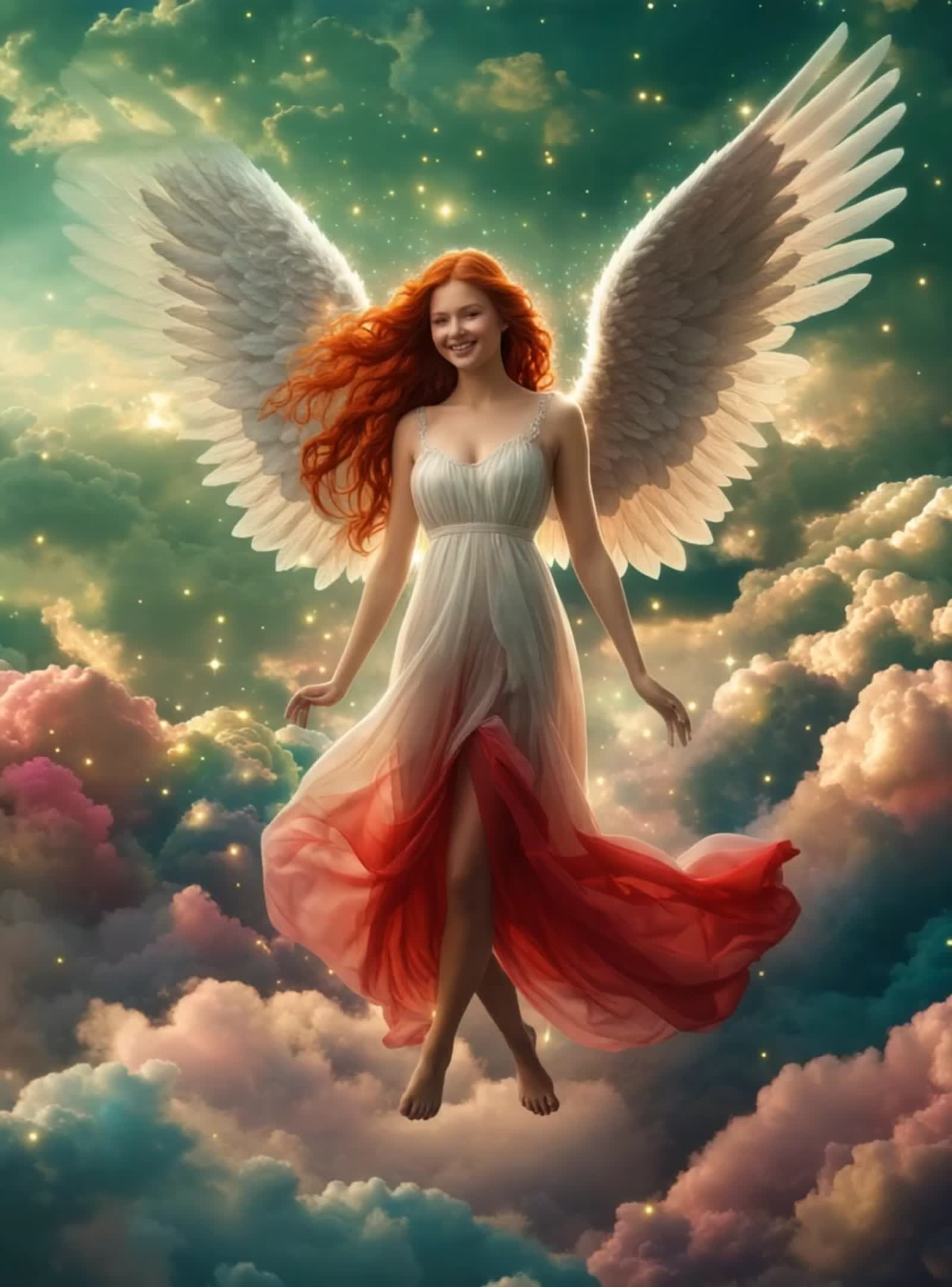a beautiful flowing red haired female angel with flowing and moving hair in the breeze, luminous white and light red dre...
