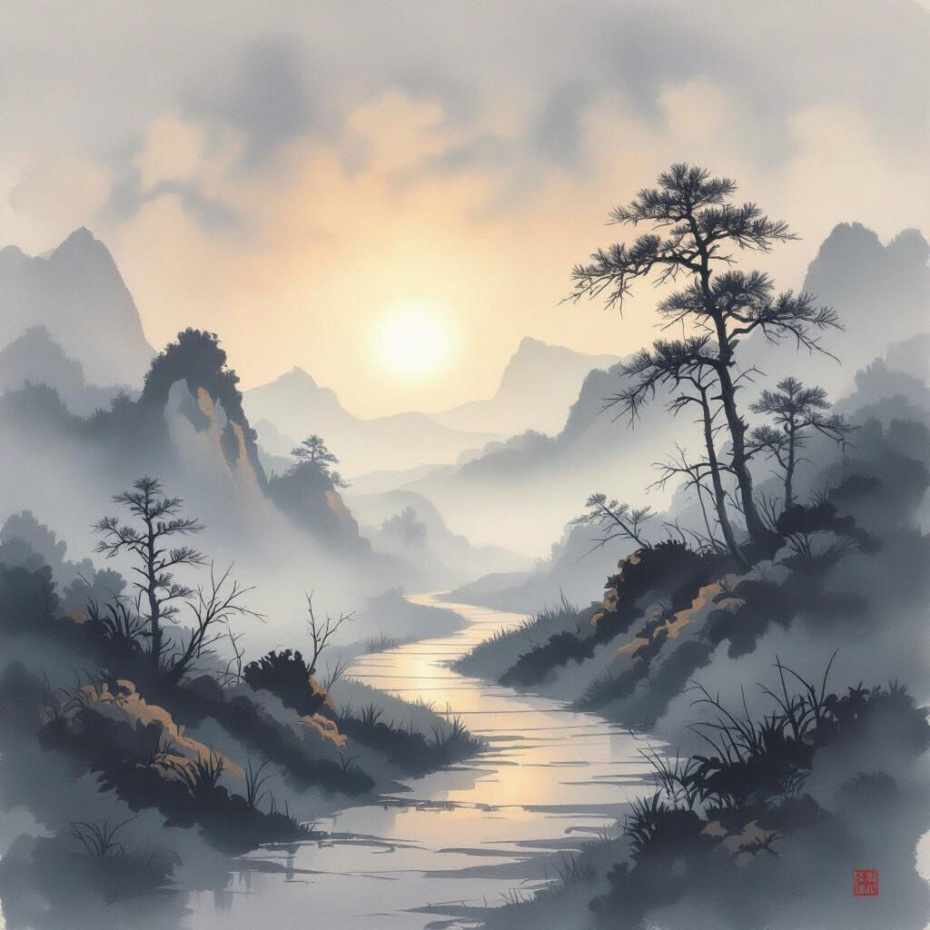 Ethereal Chinese Ink Wash Painting of a Peaceful Journey