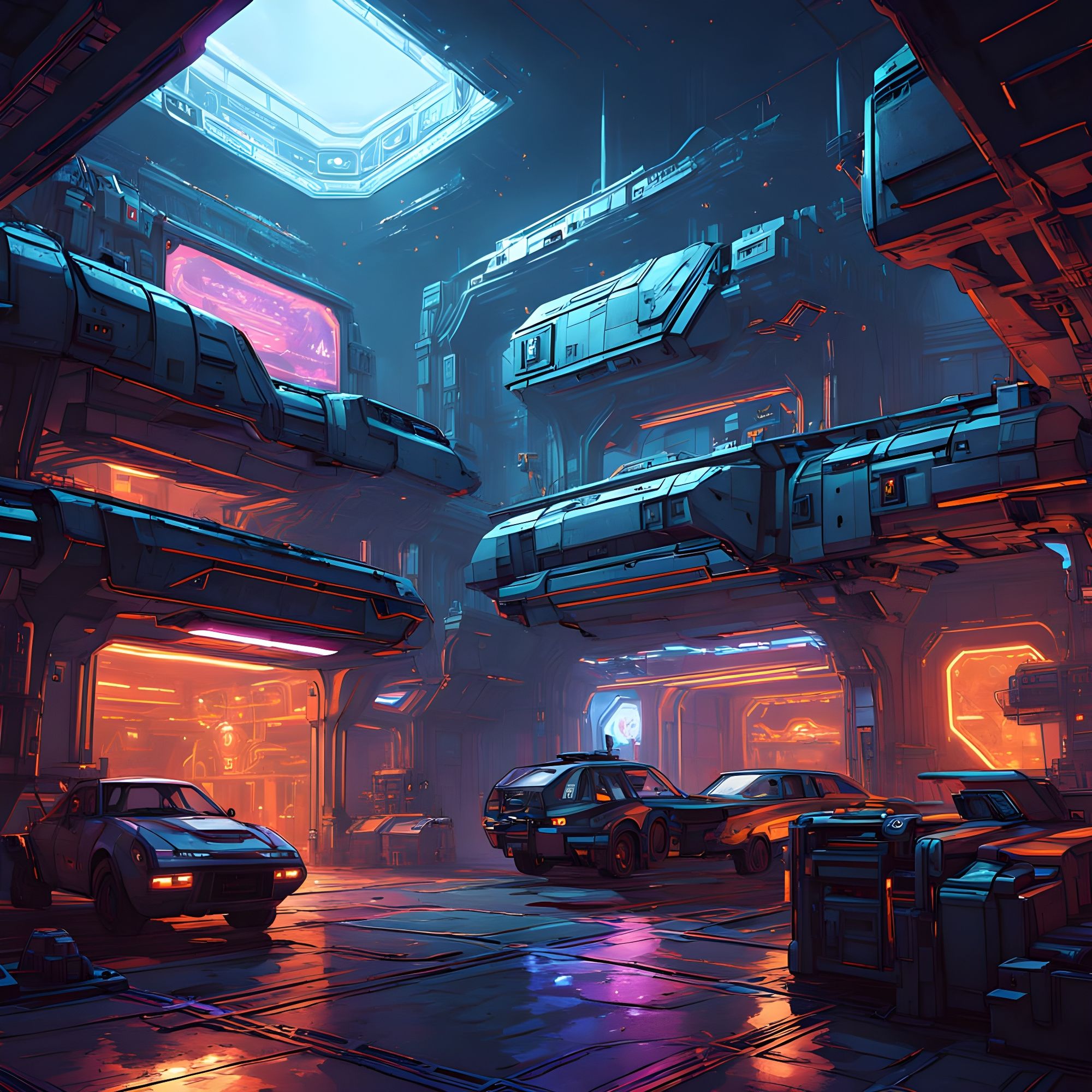 Imagine a dynamic, top-down view of a sprawling cyberpunk dungeon RPG, with ten intricately designed rooms interconnected by winding corrido...