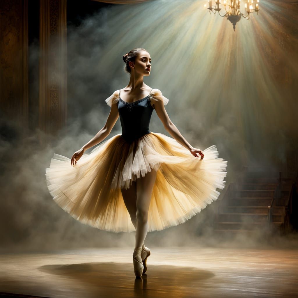 Ethereal Ballerina on a Misty Stage in Impressionist Oil Pai...
