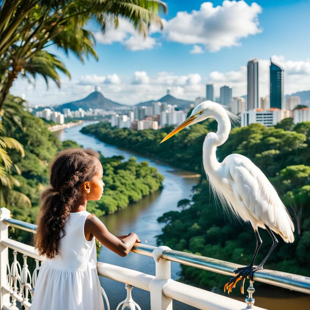 Girl and Heron Watching River Speedboat