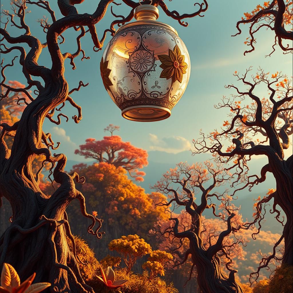 a variety of floating glass and enameled objects floating over a