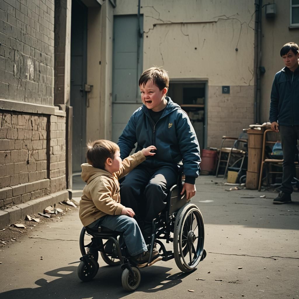 down syndrome kid fighting a kid in a wheelchair