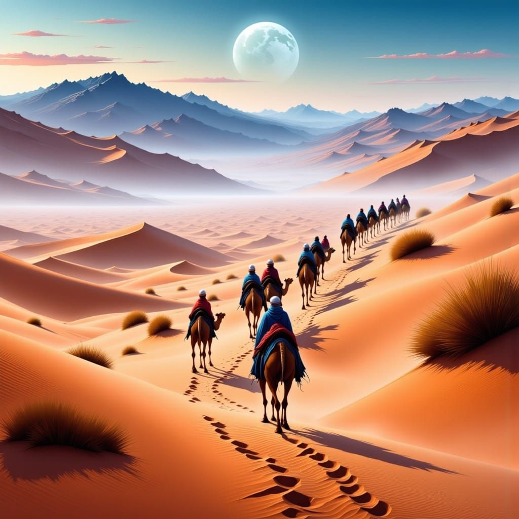 A caravan of camels and bedouins walking through an incredible desert landscape. <lora:Arrakis:1.0> <lora:Epic landscapes II:1.0>
