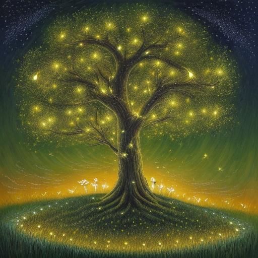 Fireflies Illuminate Forest Ruins in Neo-Impressionism Style