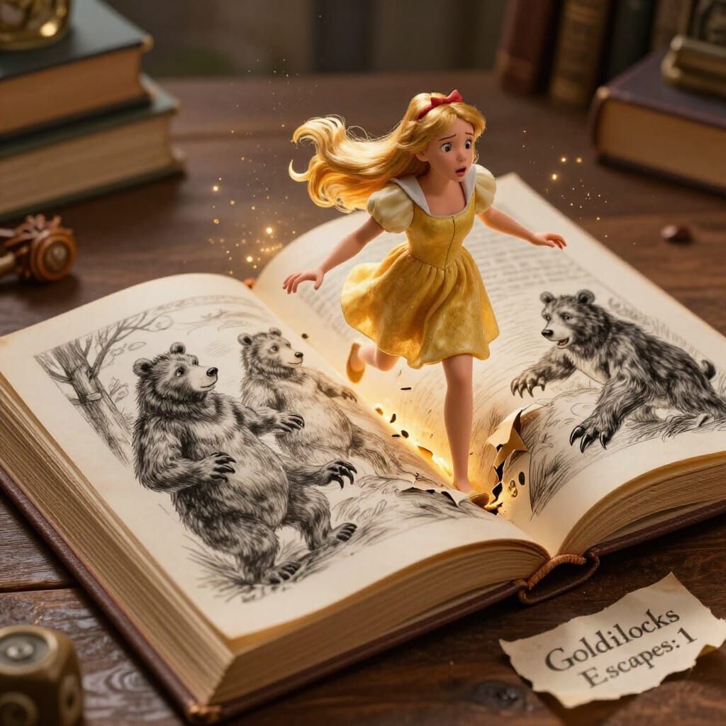 A magical, hyper-detailed fantasy scene of Goldilocks emerging in full 3D realism from the open pages ...  by @Dessas1