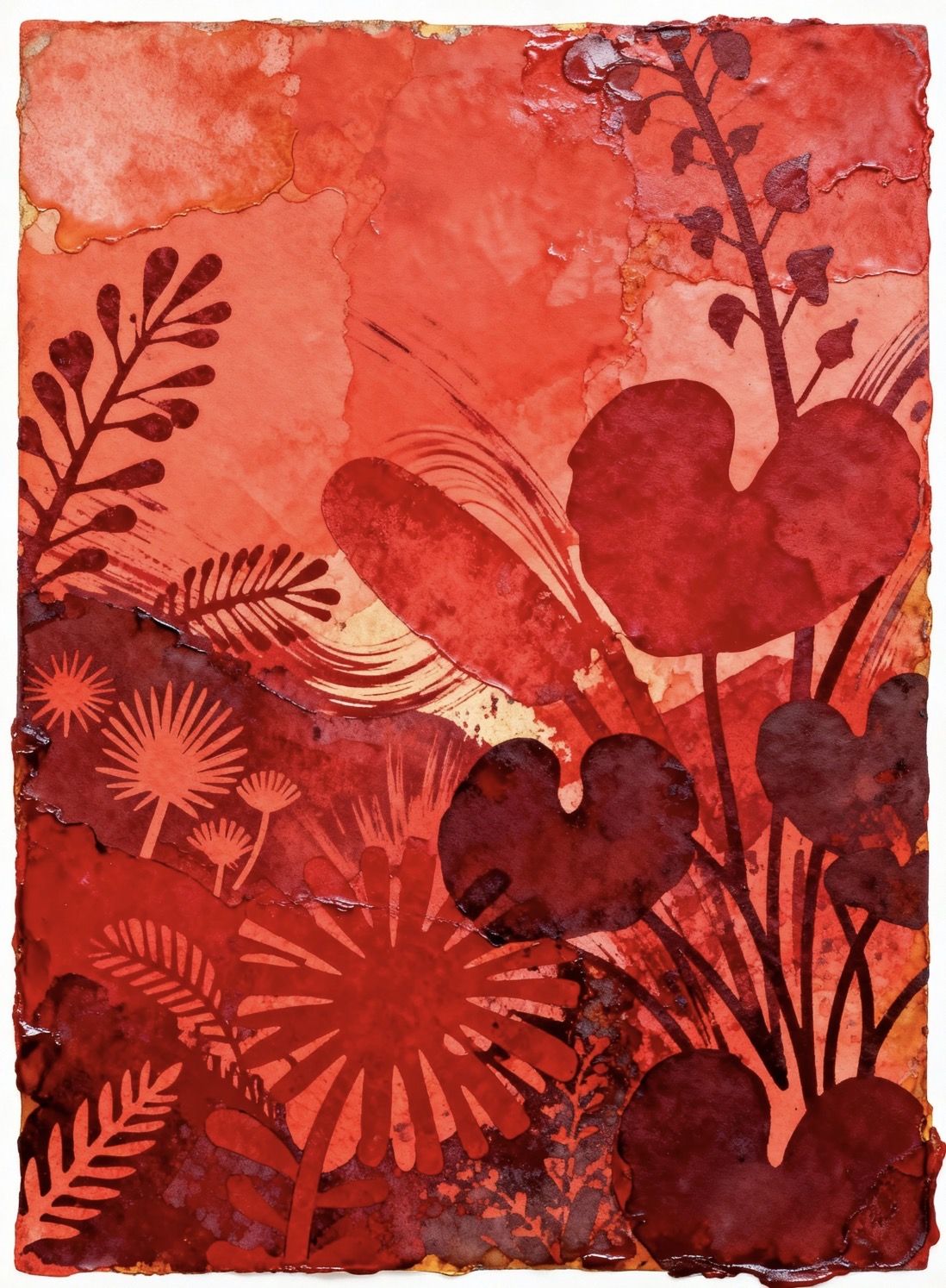 crimson tempest: encaustic monotype abstract stenciled botanical shapes, a scenescape filled with dynamic movement _ 2