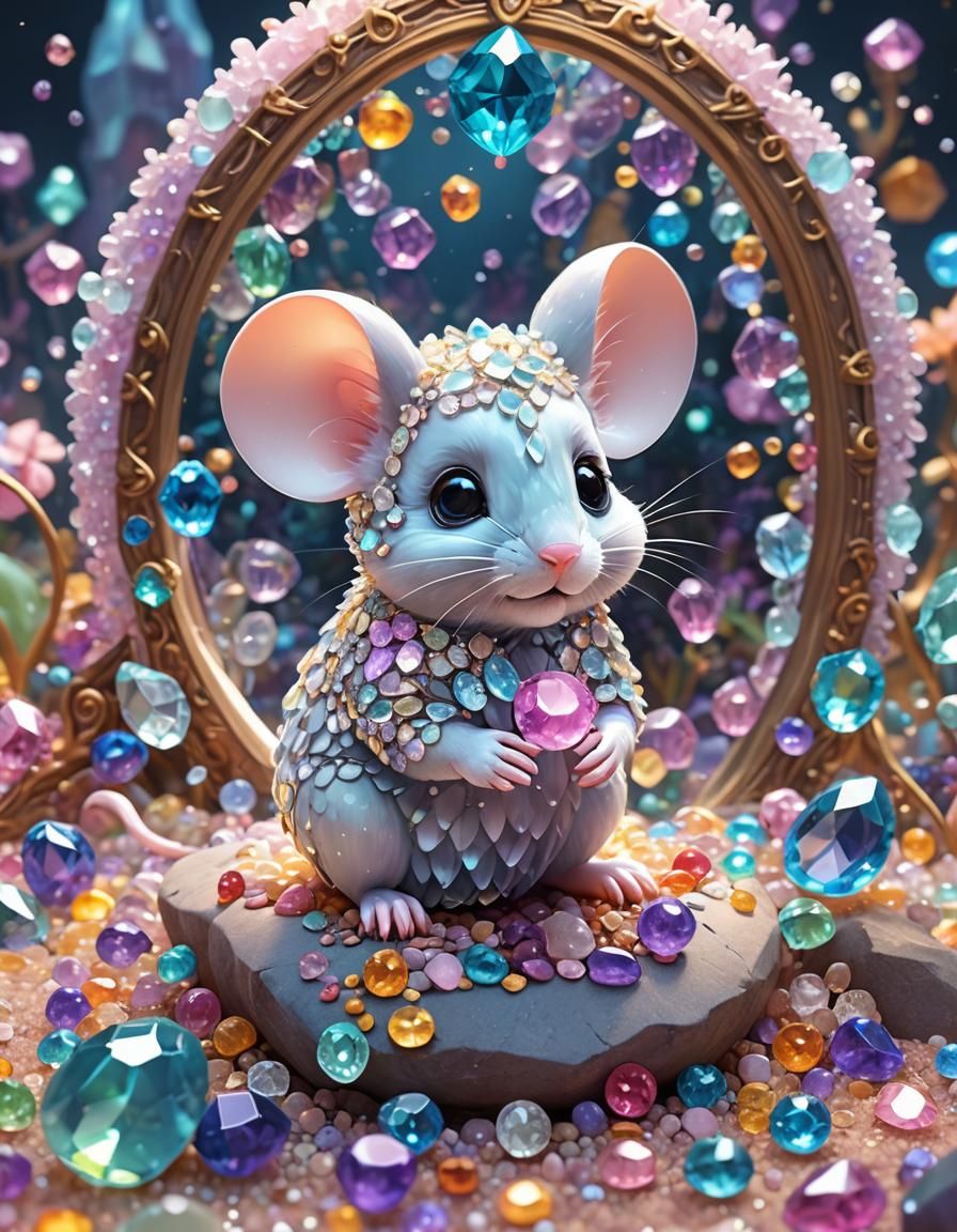 A cute chibified mouse made of translucent gems, (adorable crystalline mouse in a beautiful fantasy gemstone ...  by @Missysmom
