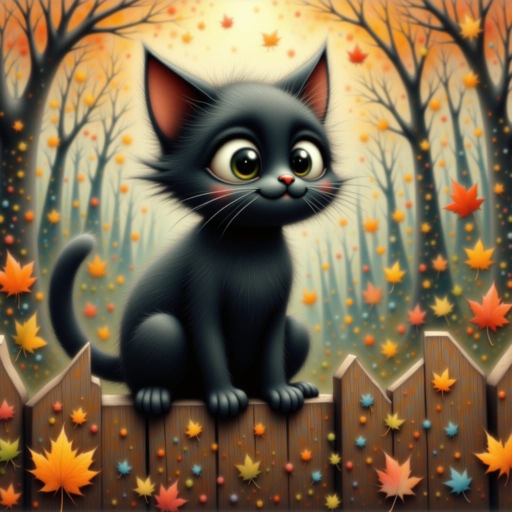 <lora:Storybook Halloween:1.0> Playful black cat with big curious eyes sitting on a crooked fence, autumn leaves swirling