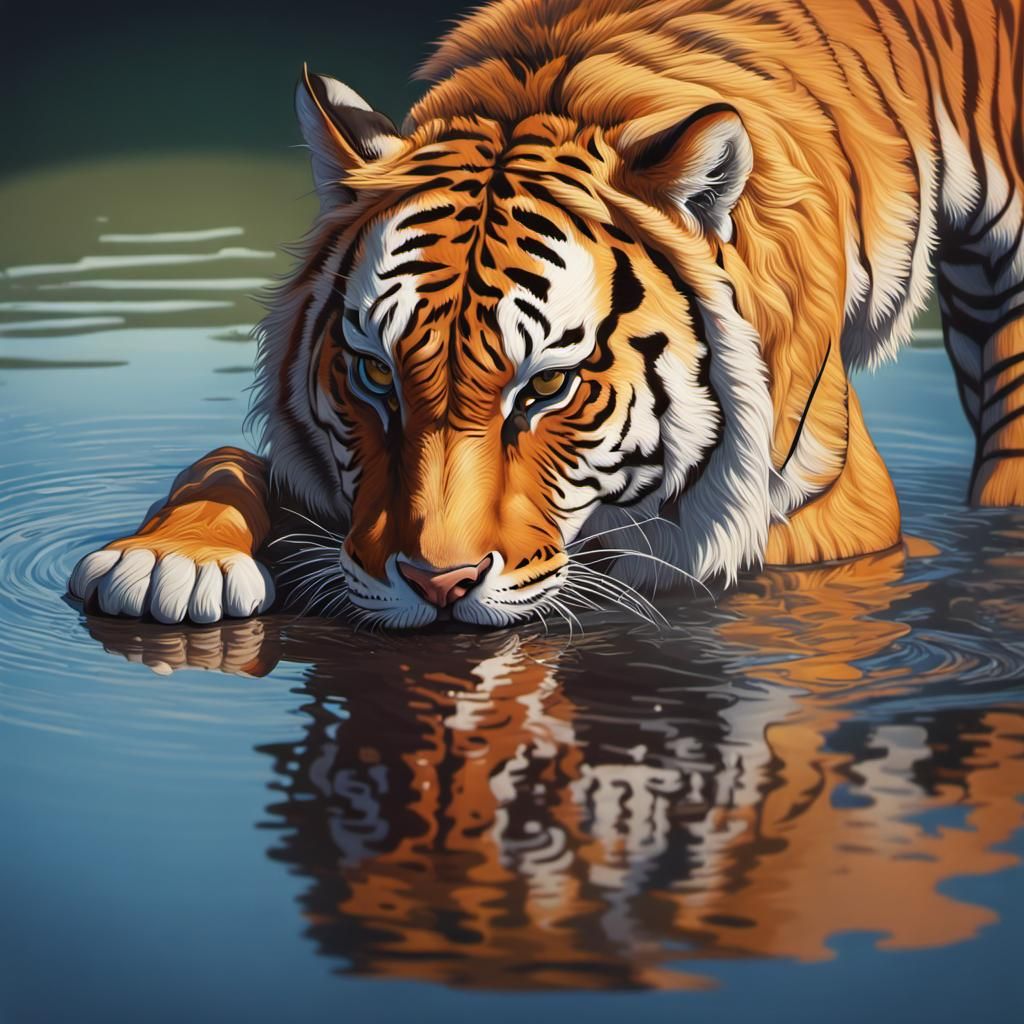 Tiger Drinking from pound Reflecting in water - AI Generated Artwork ...