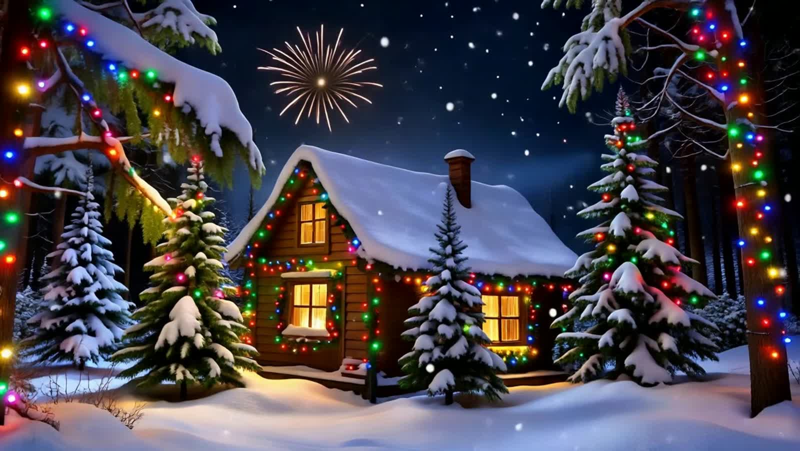 Снегопад над маленьким домиком в лесу в новогоднюю ночь, из окна тёплый золотистый свет, вокруг ели в гирляндах, на небе...
