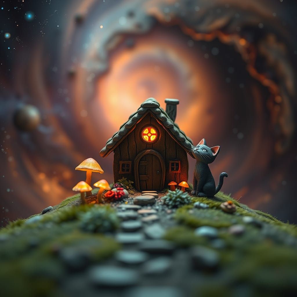A miniature diorama of a cozy, whimsical cottage nestled within a swirling nebula. Tiny, glowing mushrooms illuminate the path leading to th...