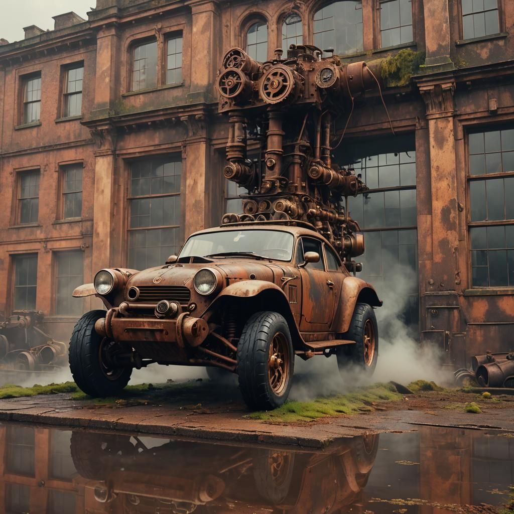 A rusty and mossy old sports car on top of an old building.

