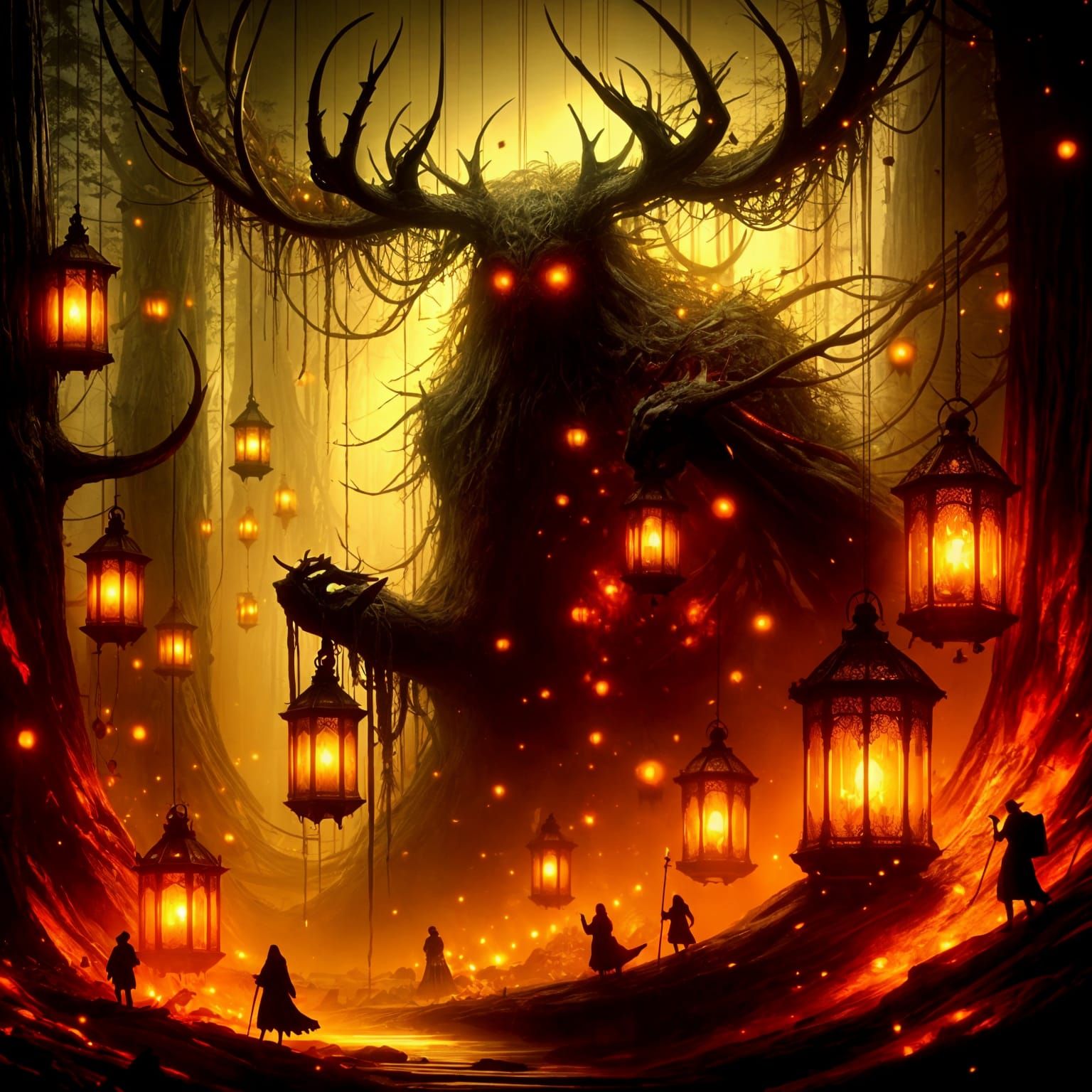  A colossal, shadowy, antlered giant gently lights lanterns for weary travelers  by @Taralie