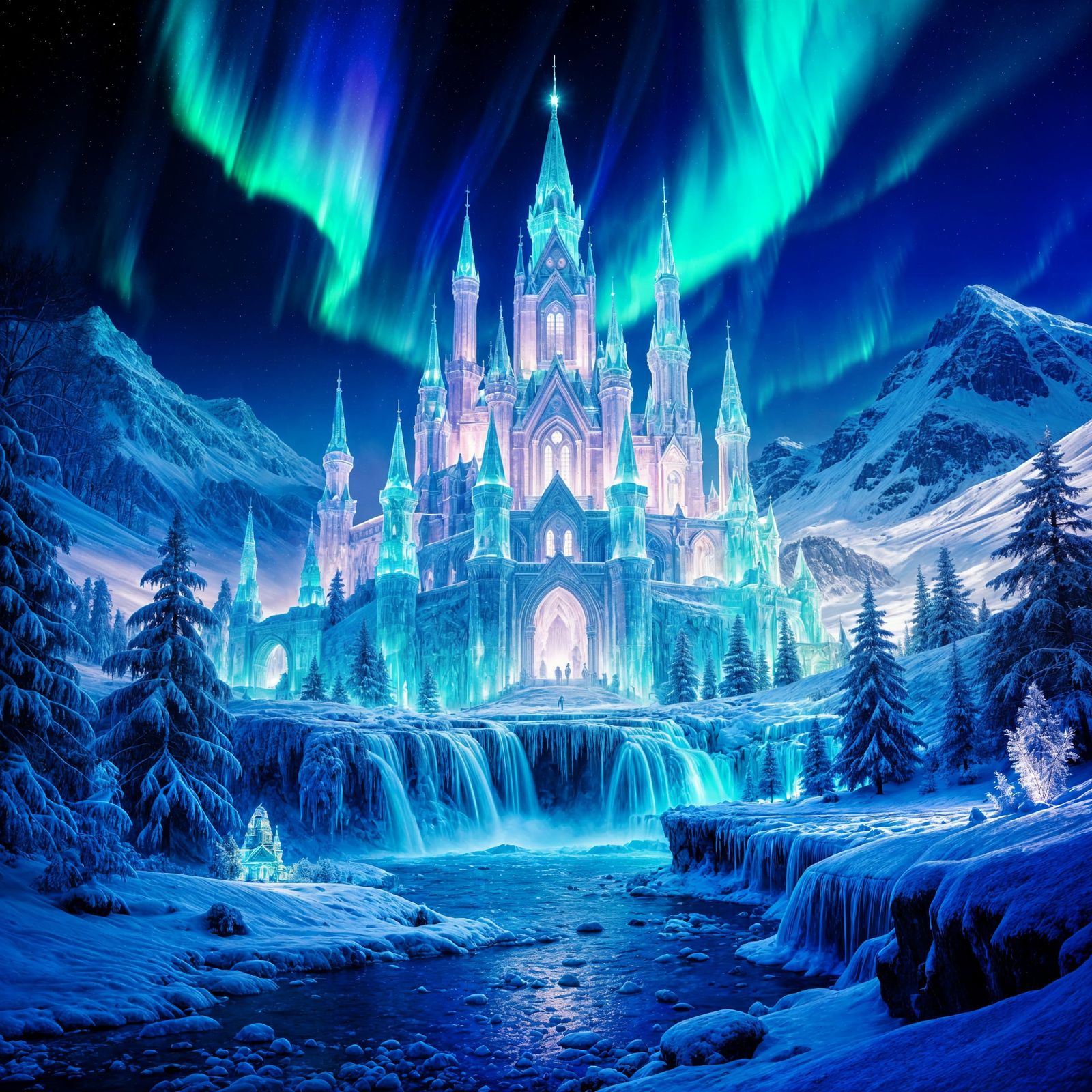 Glowing Ice Castle Under Aurora Borealis Sky