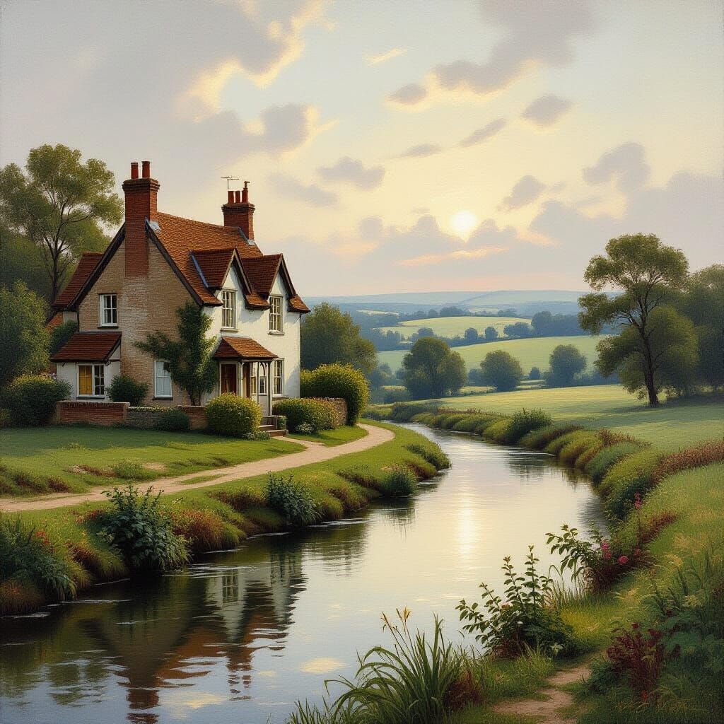 Victorian House Beside Stream in Hazy Landscape Oil Painting
