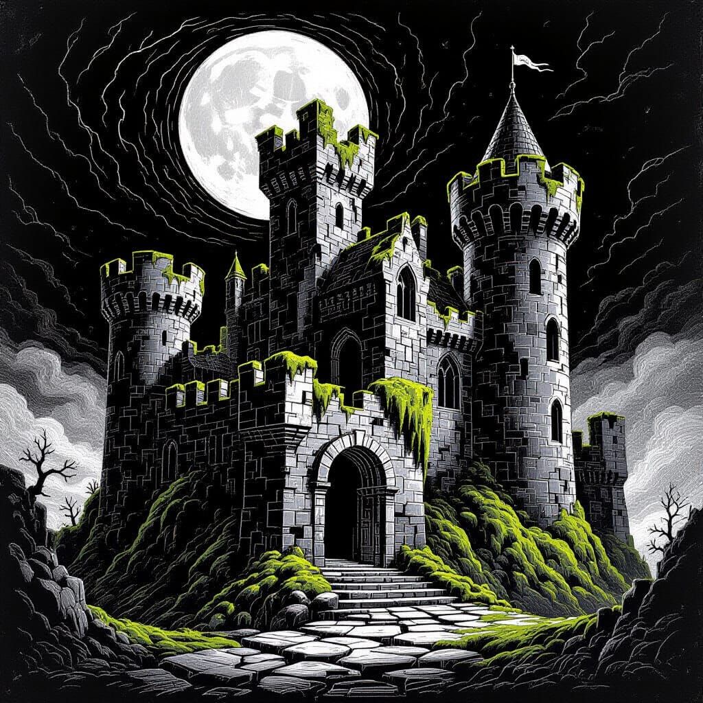 Crumbling Cosmic Castle in Black and White Linocut Style