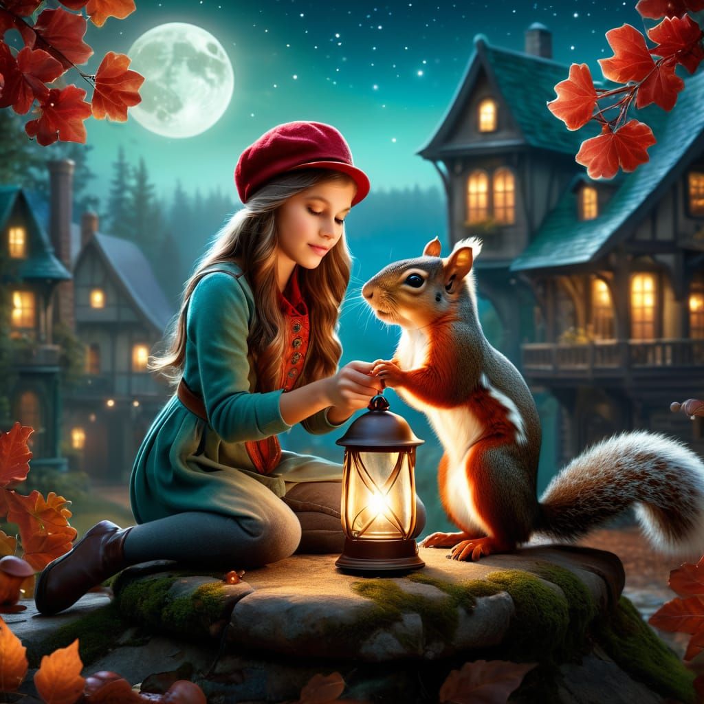 A beautiful Girl with Squirrels sitting on her hands eating ...