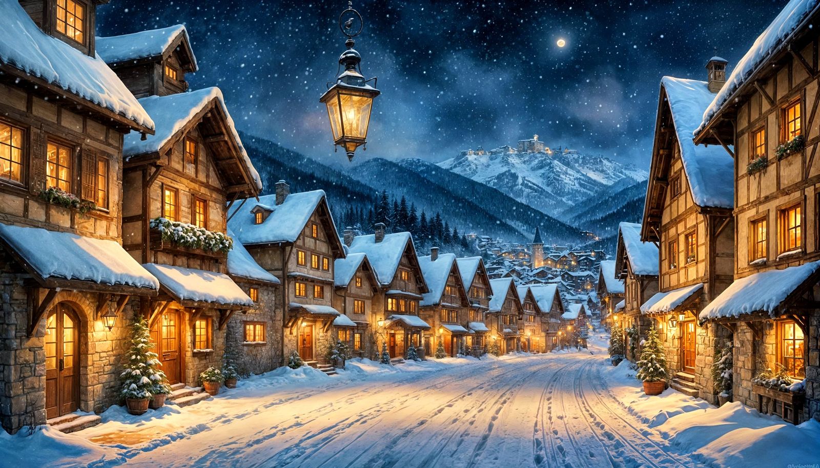 A cozy Alpine village at night  by @John P