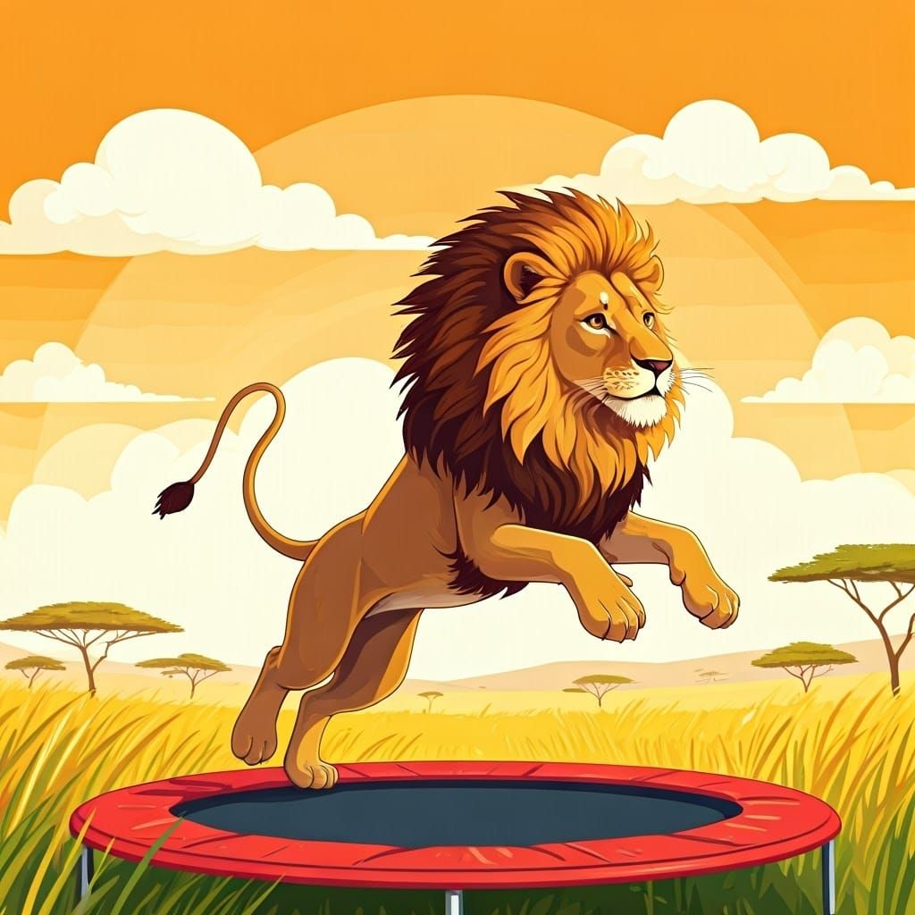 Majestic Lion Leaps with Joy on Vibrant Red Trampoline