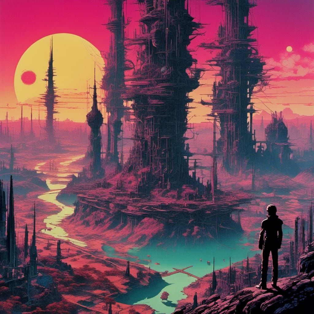 Sci-Fi Silhouette Near Fantasy Architecture in Soft Colors