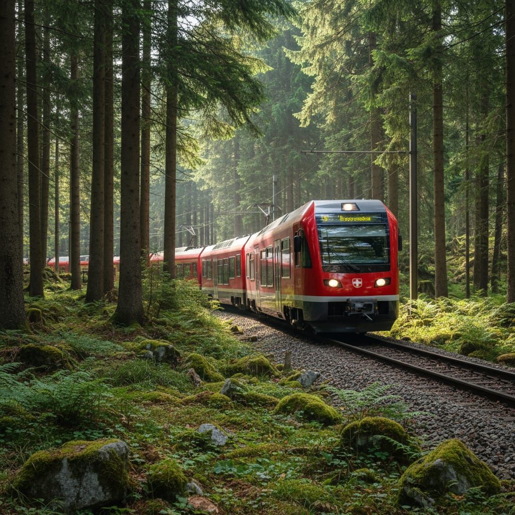 A Swiss electric train passes through a dense forest among evergreen trees. Image taken with a DSLR camera, magazine style photography