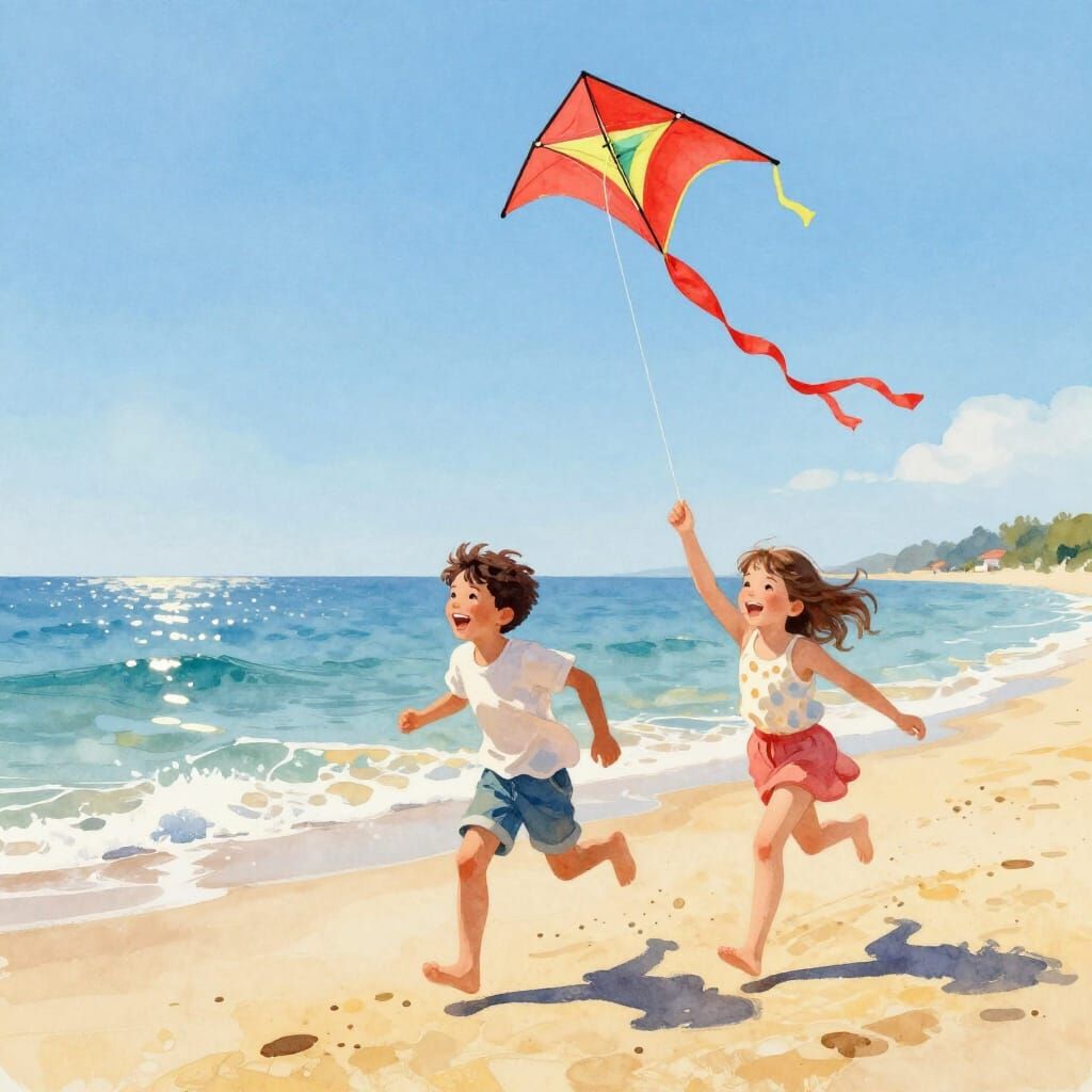 Children Flying Kite on Sunny Beach in Watercolor Style