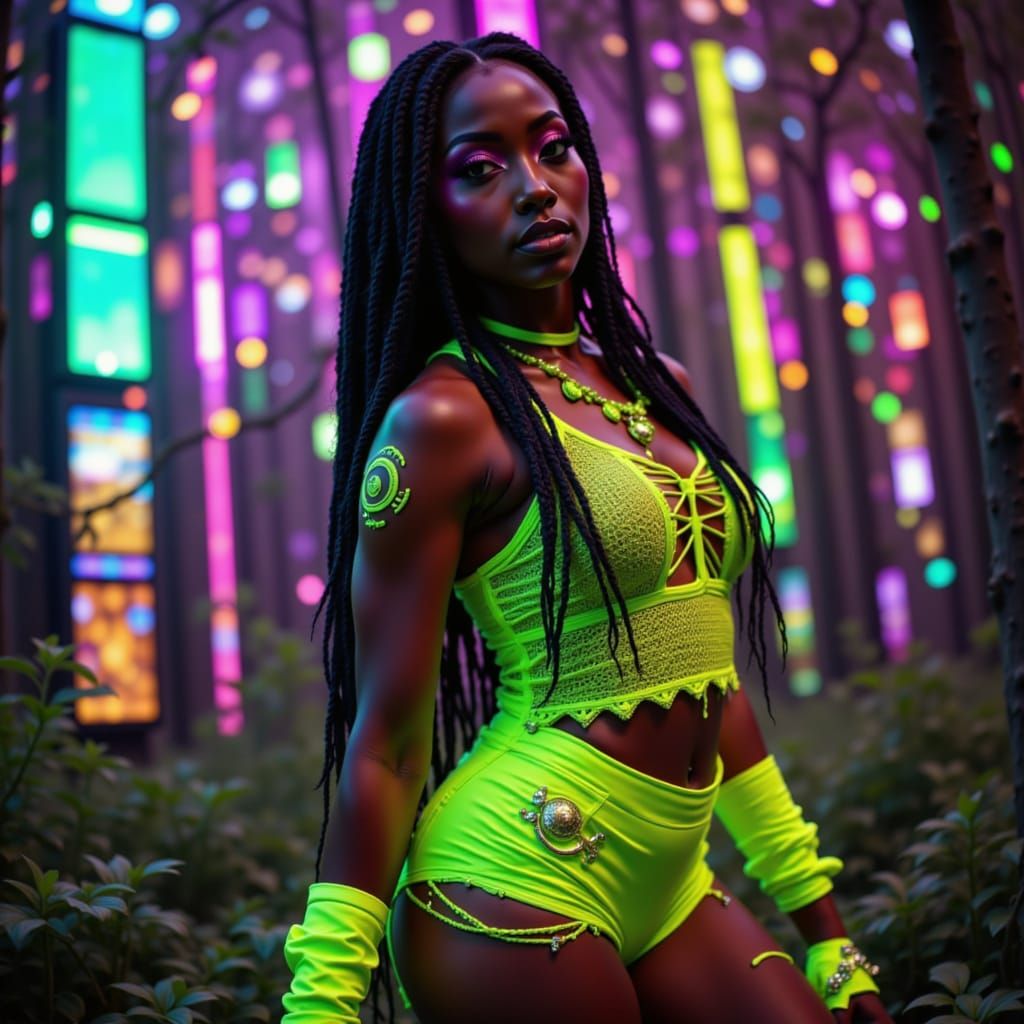 Hyper detailed high definition bold colors glistening skin dynamic pose bold lighting 

Elara Thorne
	•	neon retro Style: Cyber-witch +
	•	P...
