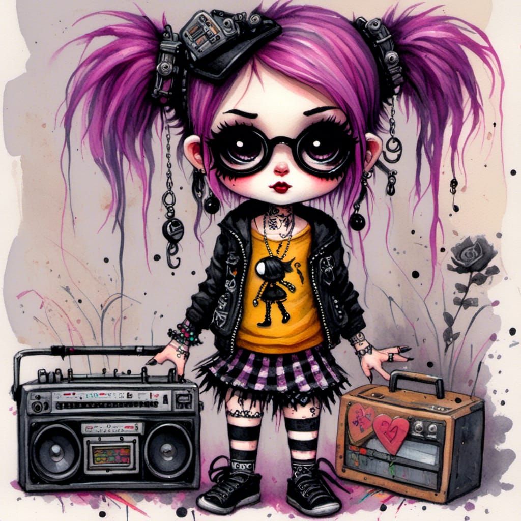  <lora:Doe eyed dolls:1.0> cute adorable grunge punk in tattered clothes with tattoos and a boom box acrylic oil watercolor 