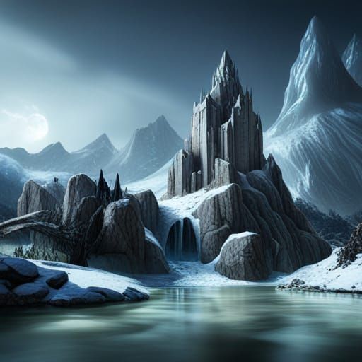 glacial mountain castle near an icy river