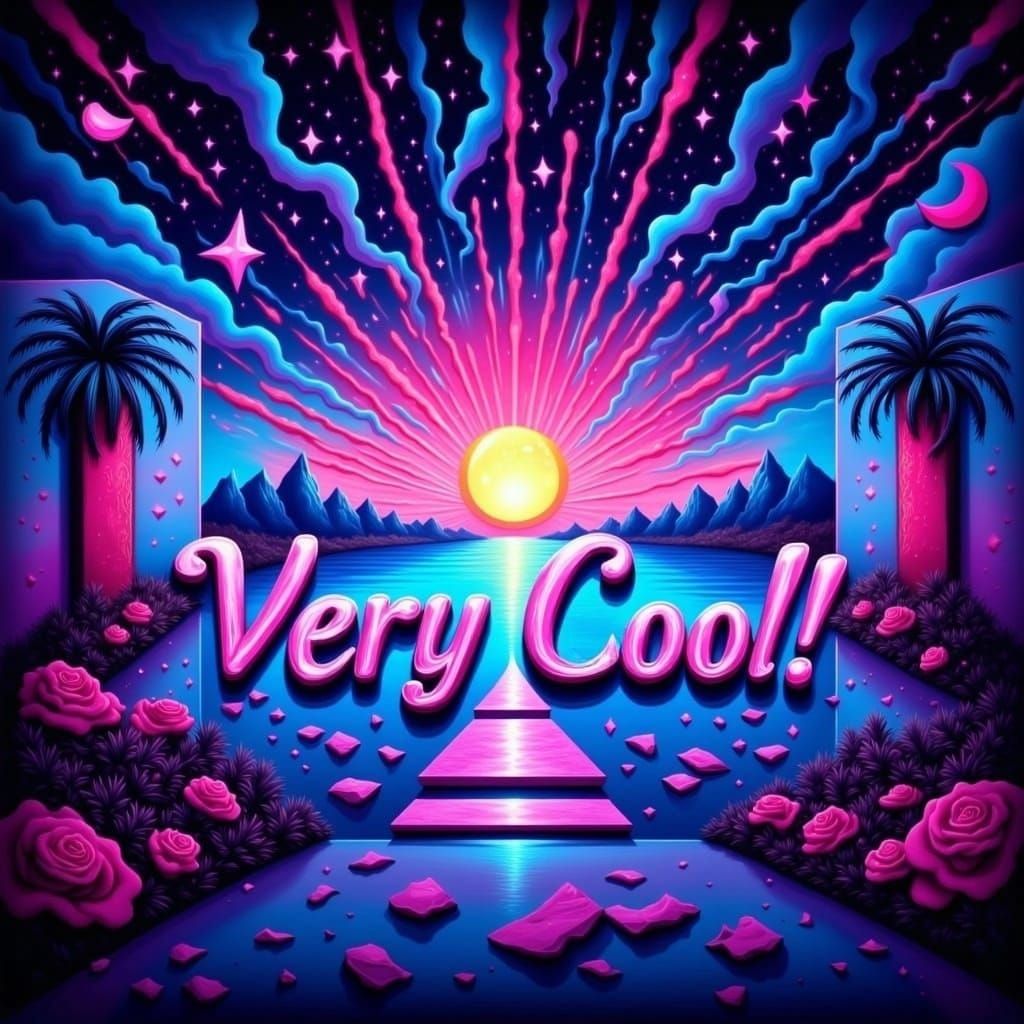 "Very Cool!" written across the screen with sun, everything in shades of pink <lora:Pink imagination flx:1.0> 