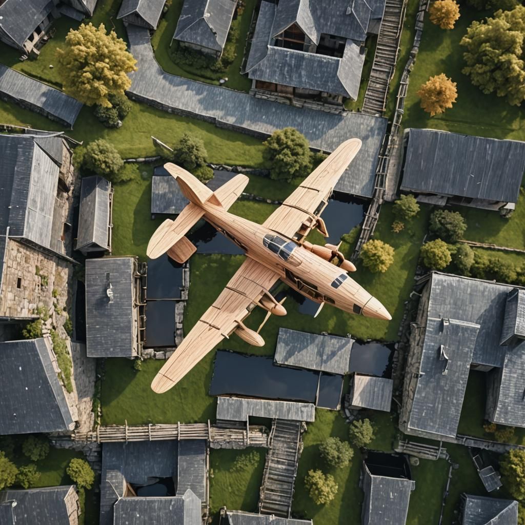 wooden plane flying over a fieldstone building oak frame sla...