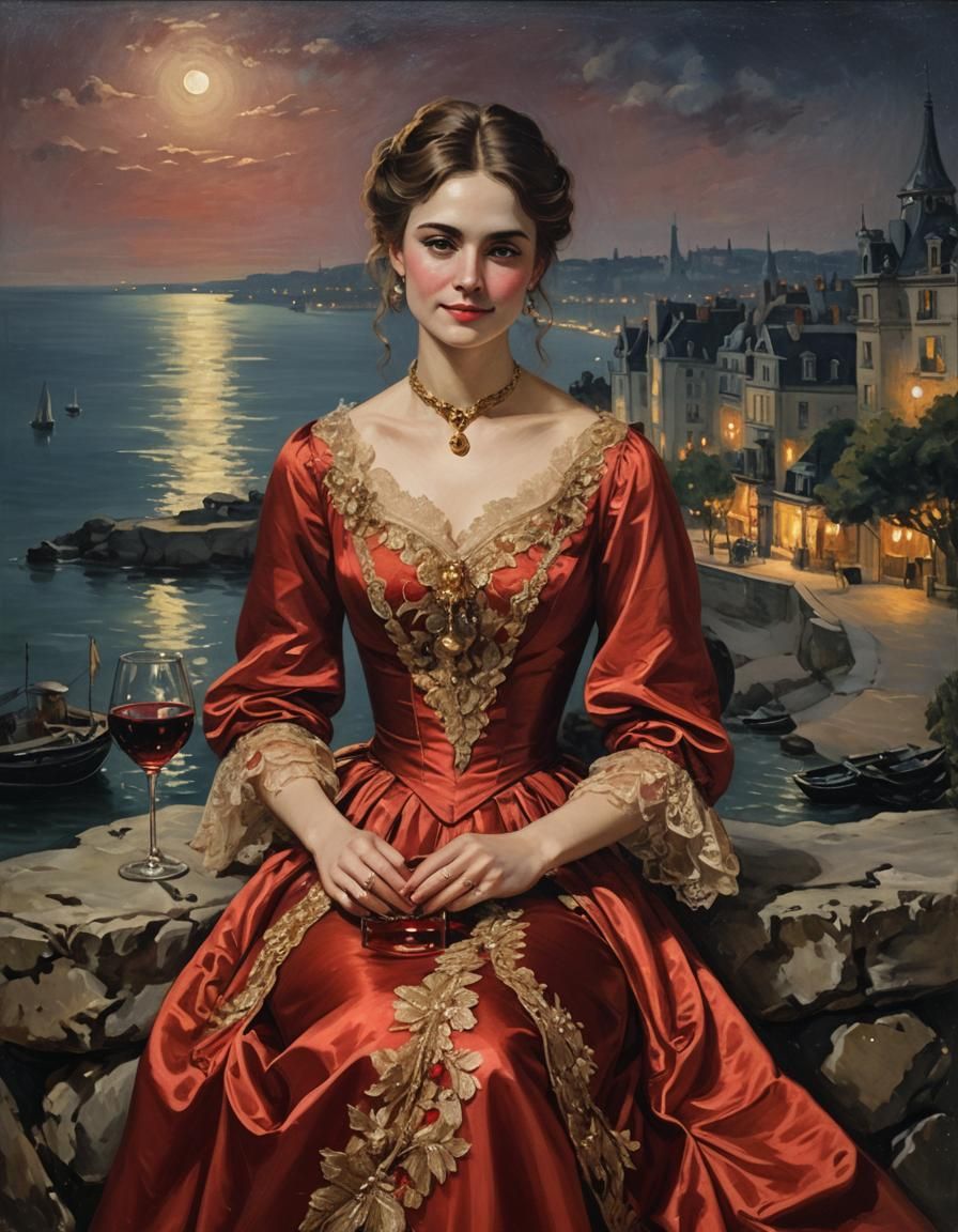 A beautiful young Victorian woman sitting on a rock on a bea...