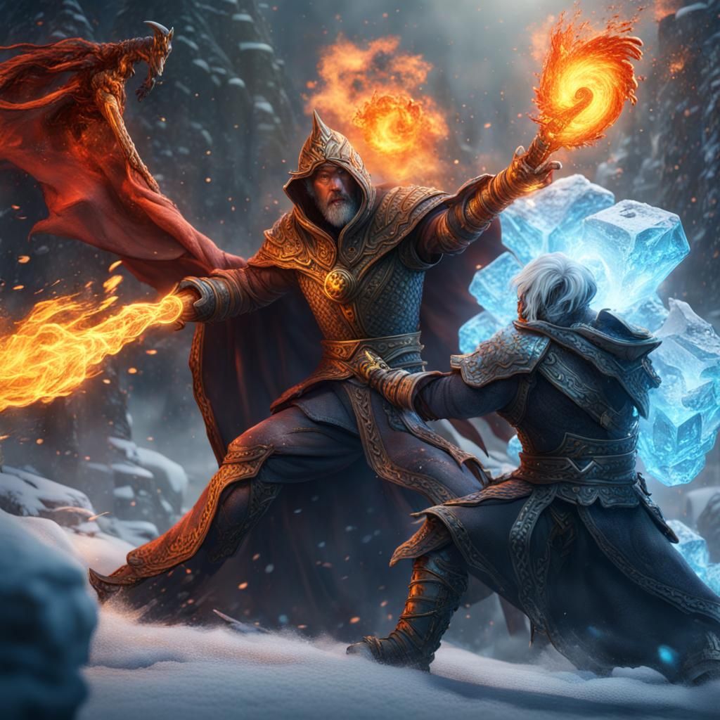 Fire wizard fighting a ice wizard