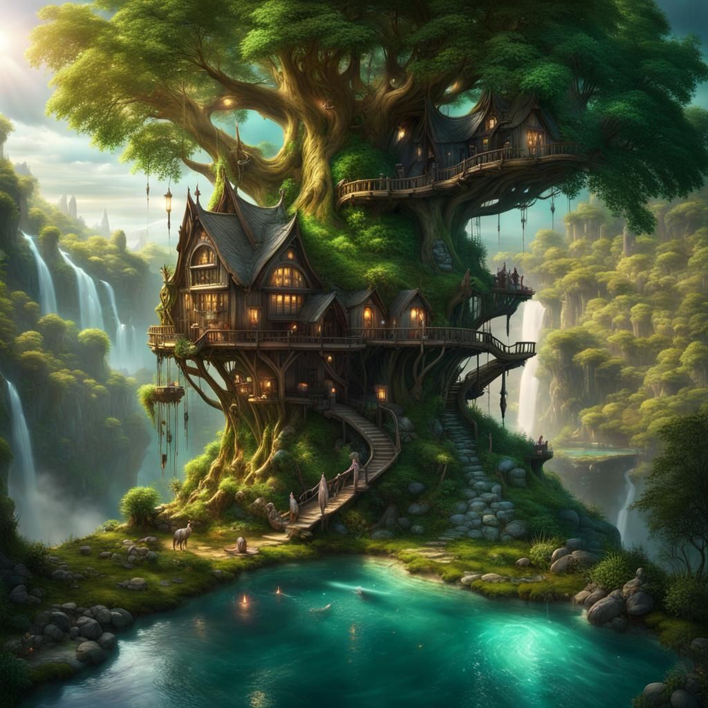 An elven treehouse settlement on a woodland ridge overlooking a emerald ...