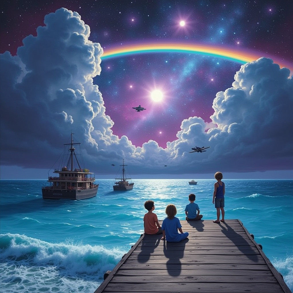 <lora:Charstel Flux:1.0> Children waiting on the pier, overlooking  crystal blue ocean waves, cosmic sky, ships in the near distance, spaces...