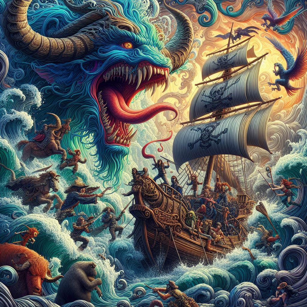 supersweet crew on their pirate ship fighting a ferocious kraken rising out of a swirling whirlpool, award winning maste...