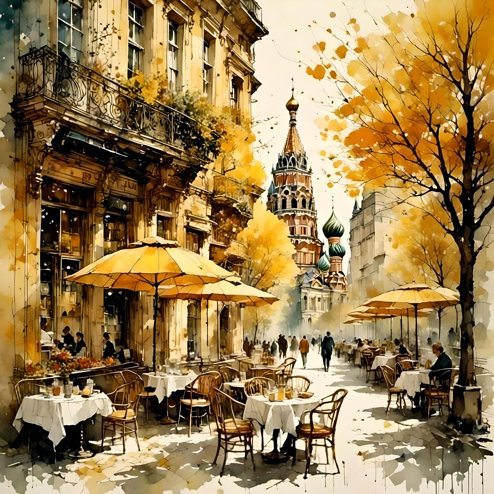 Coffee under golden umbrellas