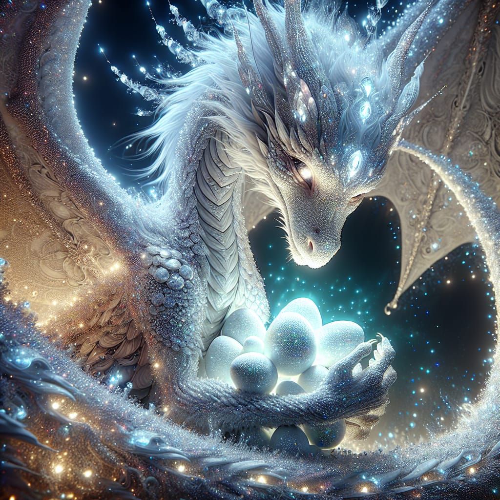 A beautiful White Sparkle shining skin, attractive magical eyes, a mother Dragon,covering her beautiful shiny Dragon eggs with love care,ful...