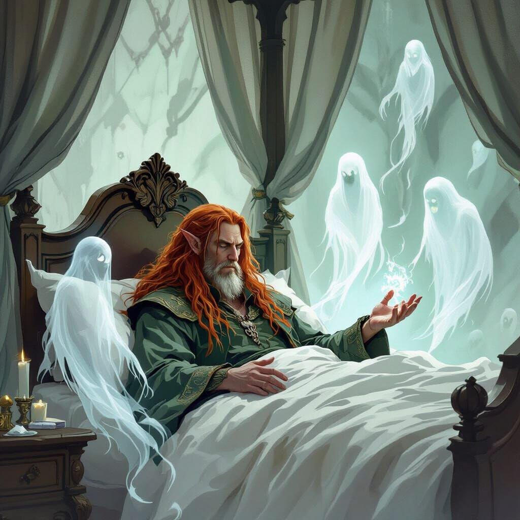 Sickly wizard in Bed being attended to by Ghosts.
