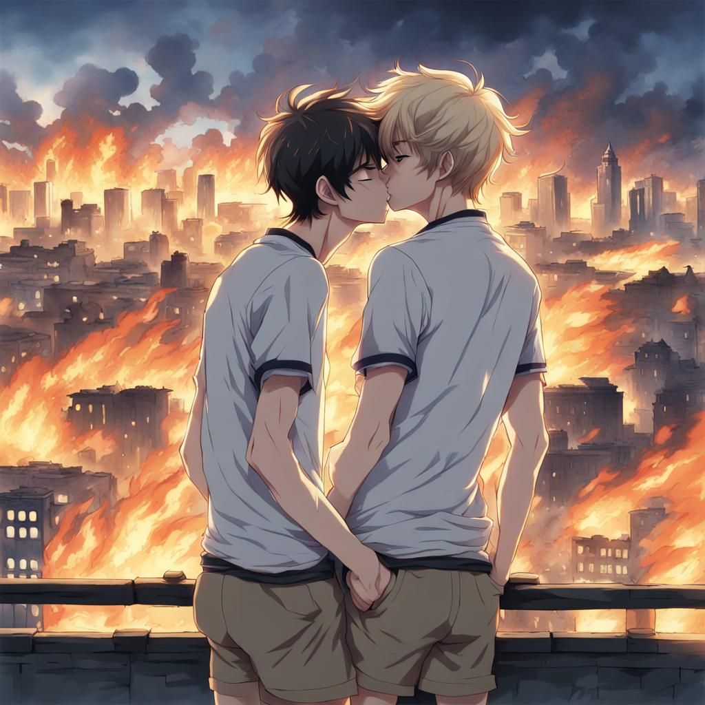 Two young white men, wearing boxer shorts, kiss against the ...