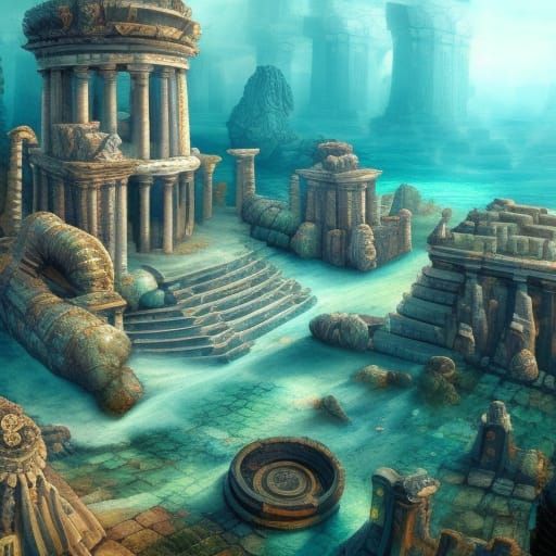hyper detailed Atlantean temple ruins under the sea