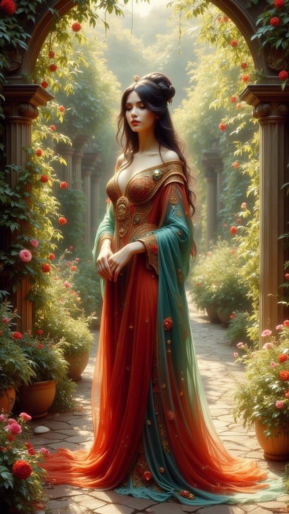 Ethereal Medieval Queen in Vibrant Art Nouveau Attire