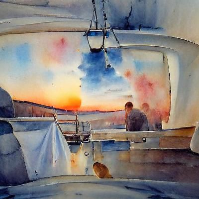 "Looking out over the bow of the boat at sunset", Watercolou...