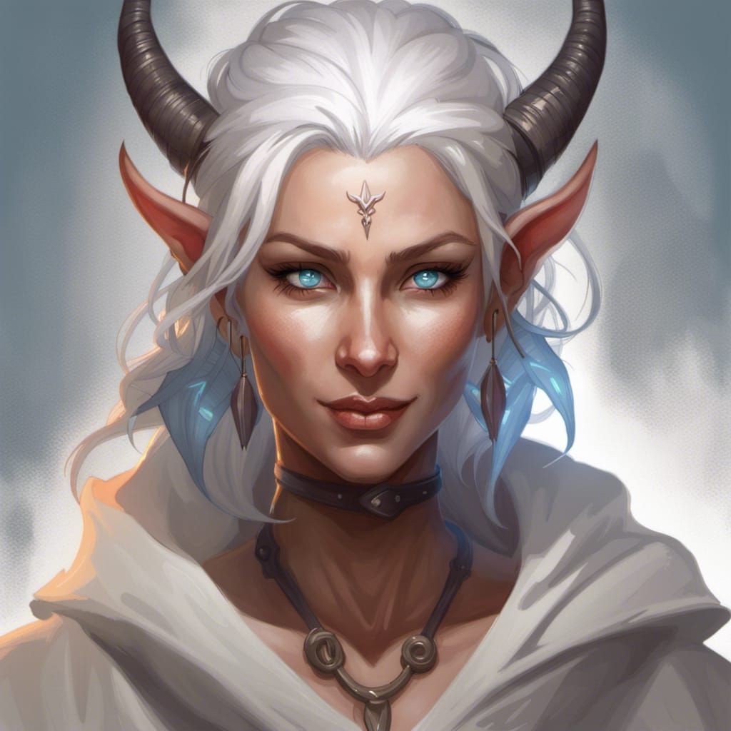 tiefling female monk white robe blue eyes white hair smile - AI ...