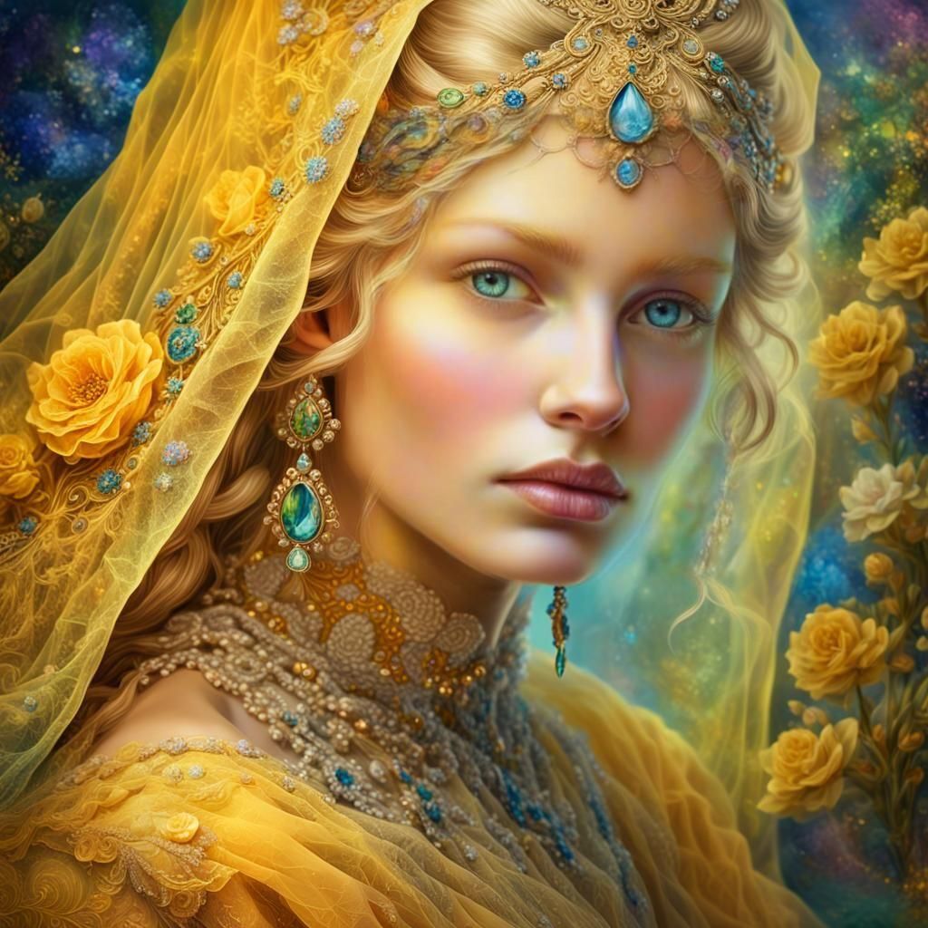 Beautiful blonde princess in yellow gown and veil volumetric lighting hyperdetailed Josephine Wall